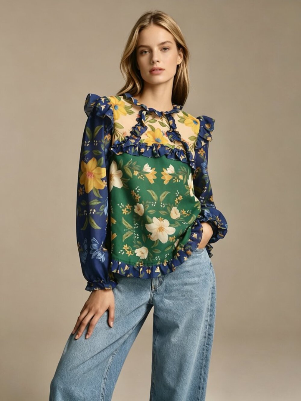 NWT Anthropologie Farm Rio Long-Sleeve High-Neck Sheer Ruffled Floral Blouse XXS